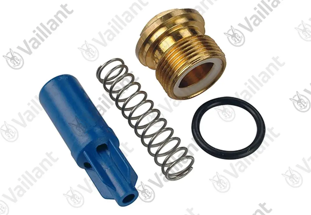 Vaillant Wassermengenregler, bestehend aus einem goldfarbenen Anschluss, einer blauen Kunststoffkomponente, einer Feder und einem Gummiring.